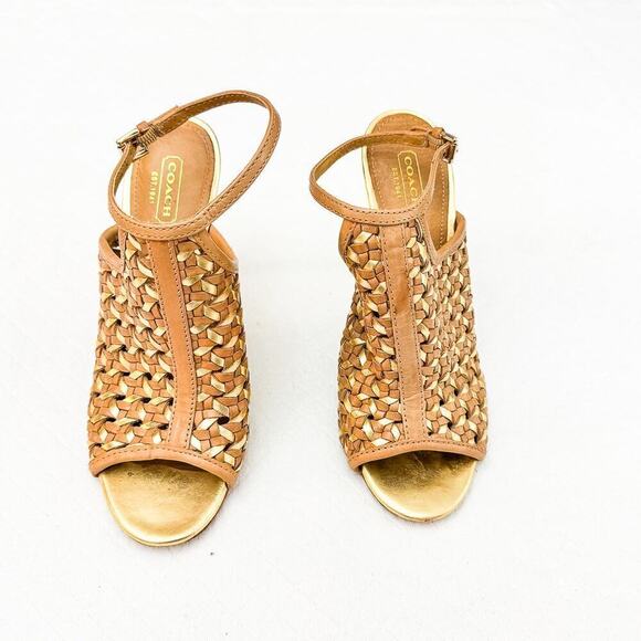 Coach Leela Brown Woven Basketweave Metallic Heeled Open Toe Sandal 7.5 - Picture 1 of 7